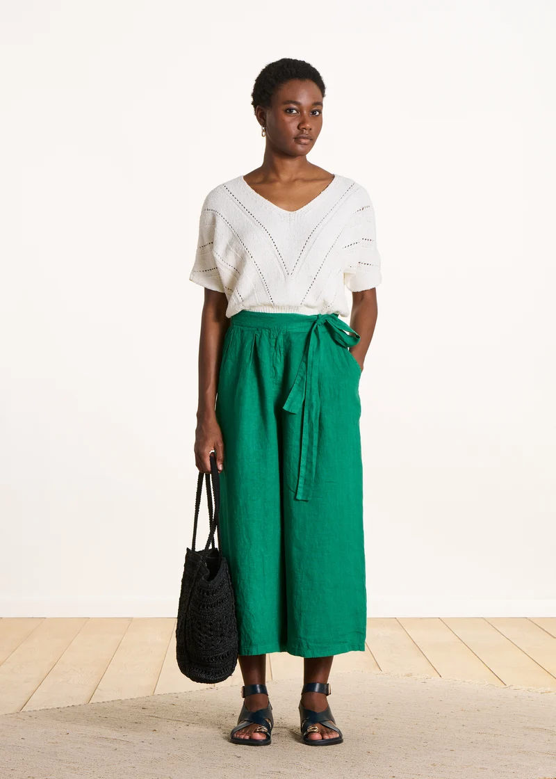 Pantalon cropped large en lin vert