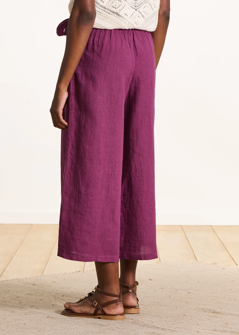 Pantalon cropped large en lin violet
