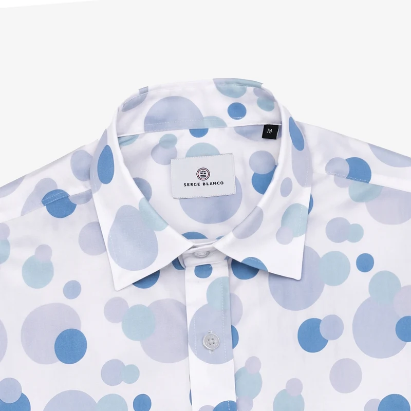 Chemise manches longues en coton blanche avec imprimés boules bleues