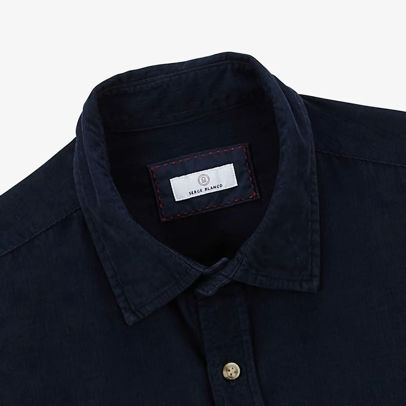 Chemise manches longues en coton velours bleu marine Charles