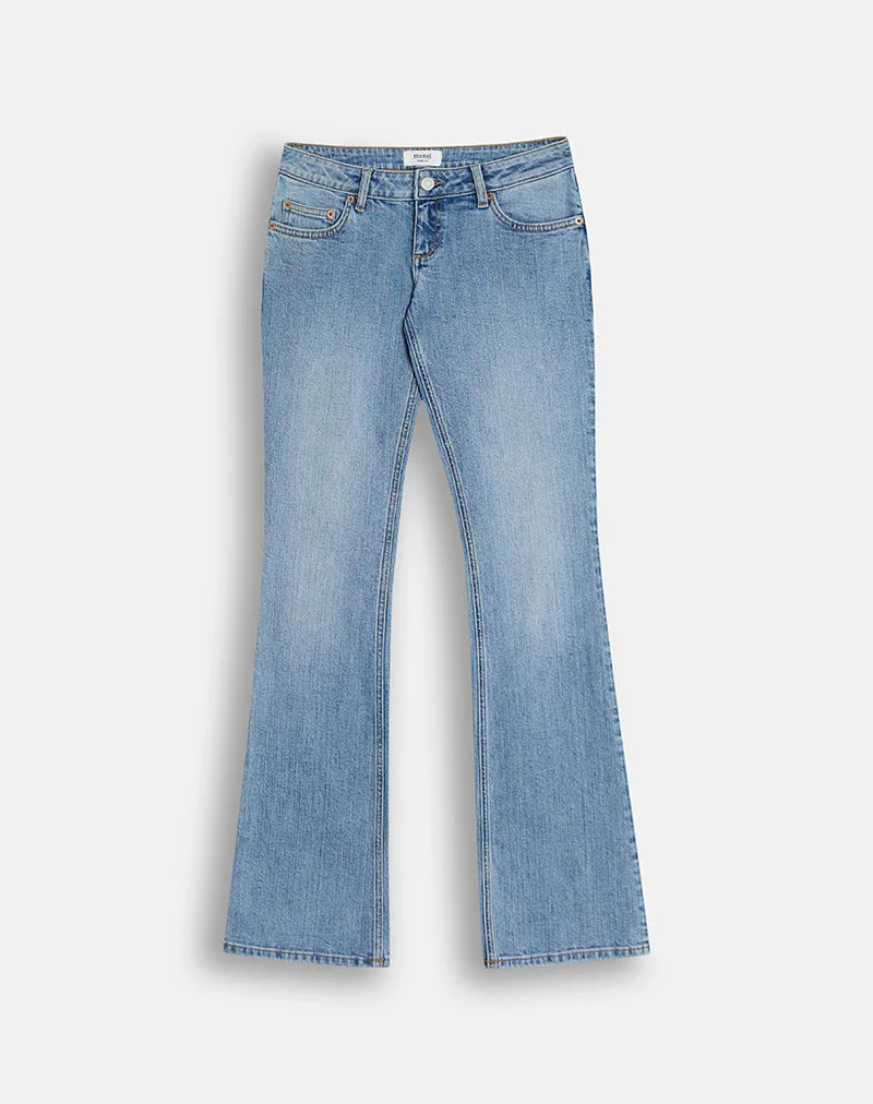 Jean évasé extensible à taille ultra basse, bleu moyen