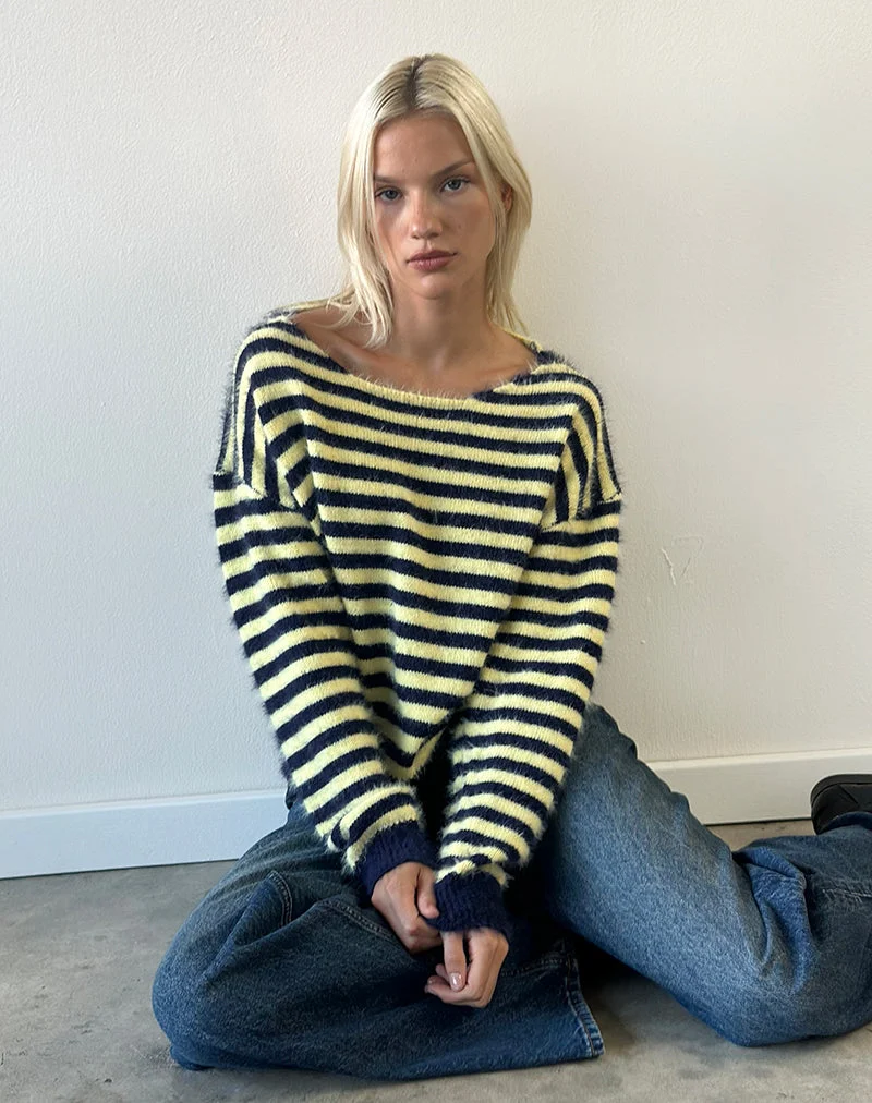 Pull Zalo en maille rayée jaune et bleu marine
