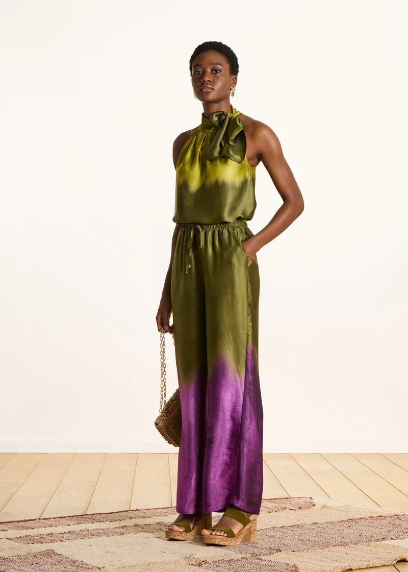 Pantalon large vert en satin imprimé tie & dye