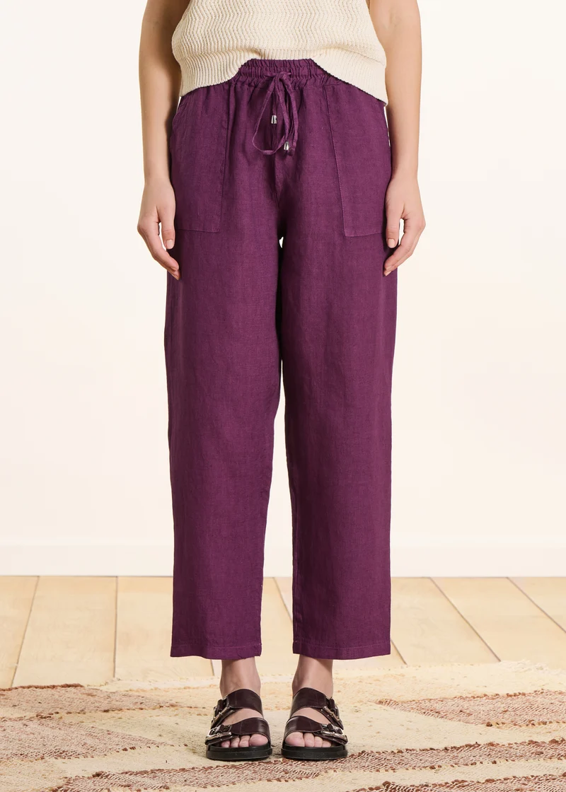 Pantalon 7/8ème en lin violet taille élastiquée