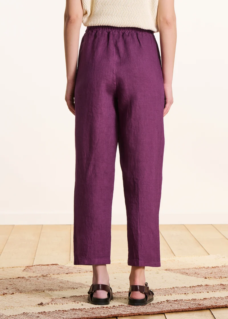 Pantalon 7/8ème en lin violet taille élastiquée