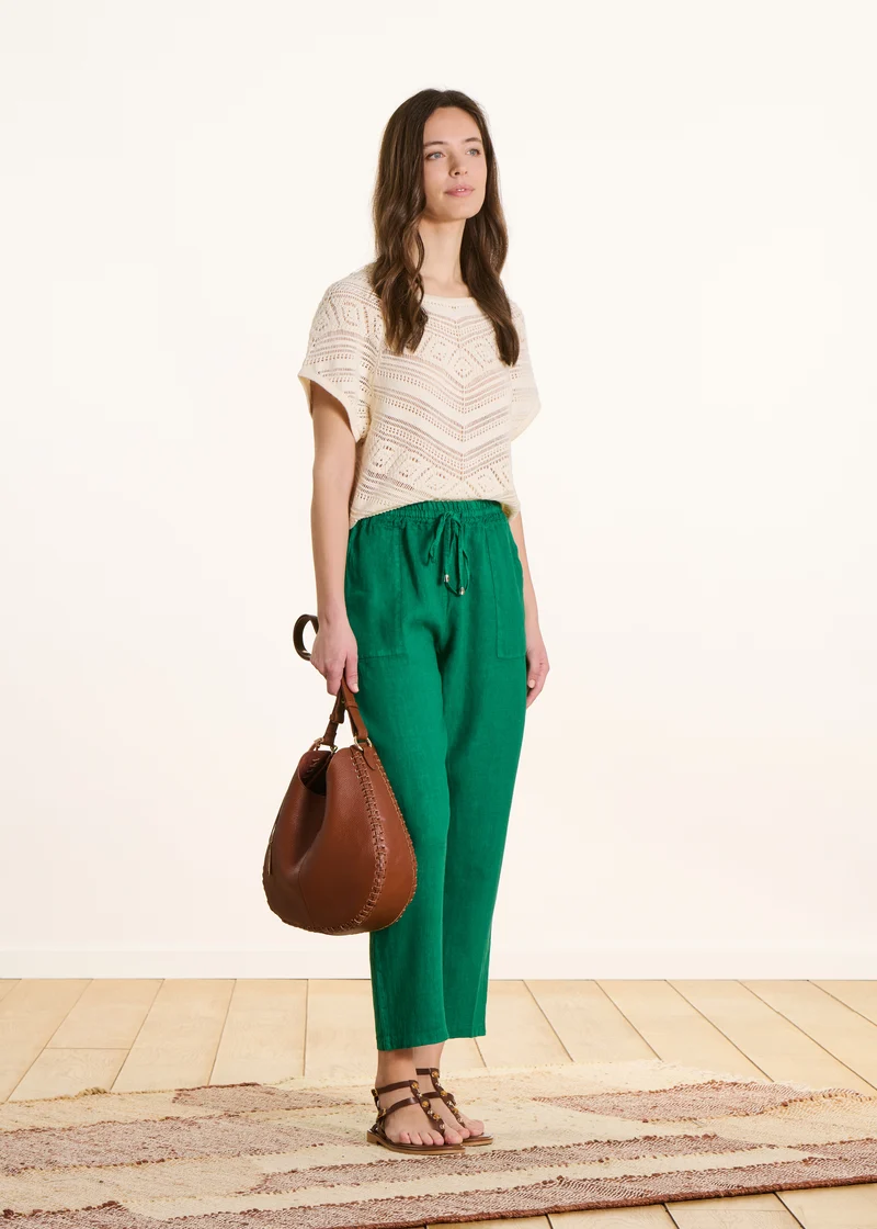 Pantalon 7/8ème en lin vert taille élastiquée