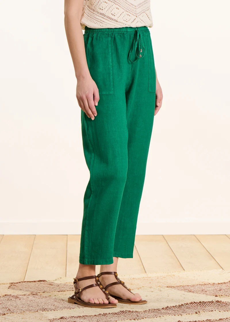 Pantalon 7/8ème en lin vert taille élastiquée
