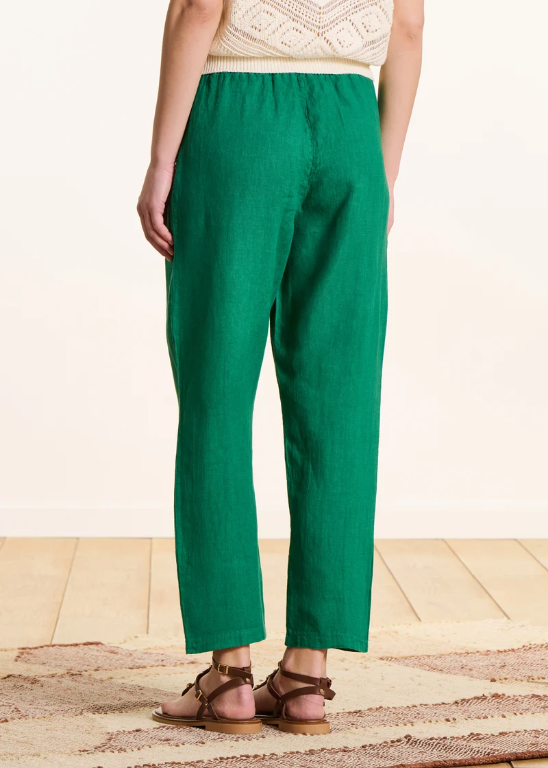 Pantalon 7/8ème en lin vert taille élastiquée