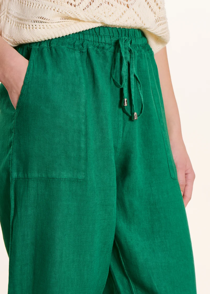 Pantalon 7/8ème en lin vert taille élastiquée
