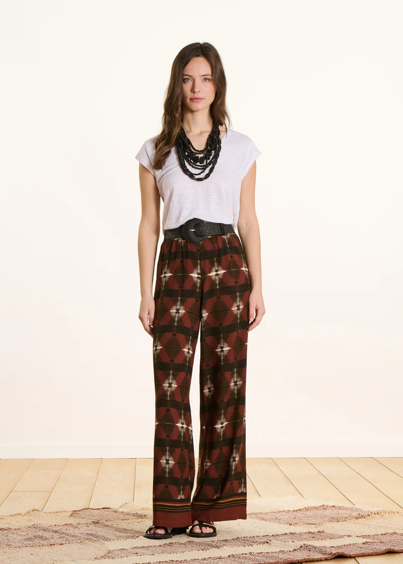 Pantalon large marron taille haute à imprimé