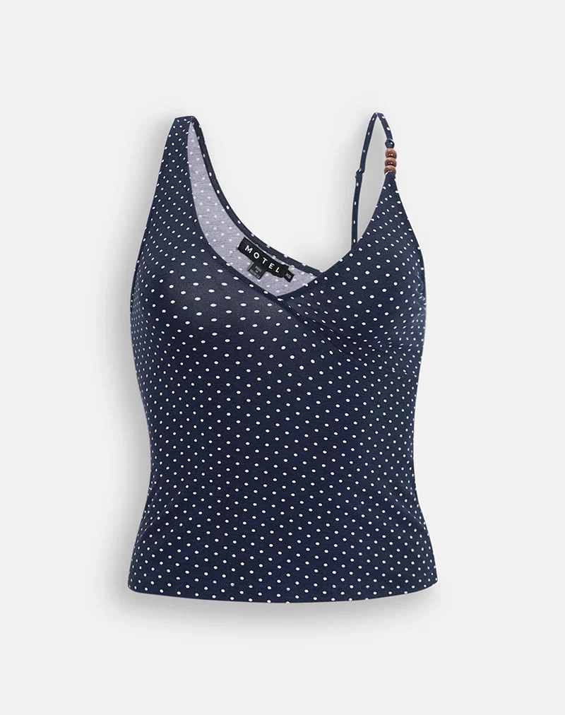 Haut Fara à perles, en jersey bleu marine à micro-motif à pois