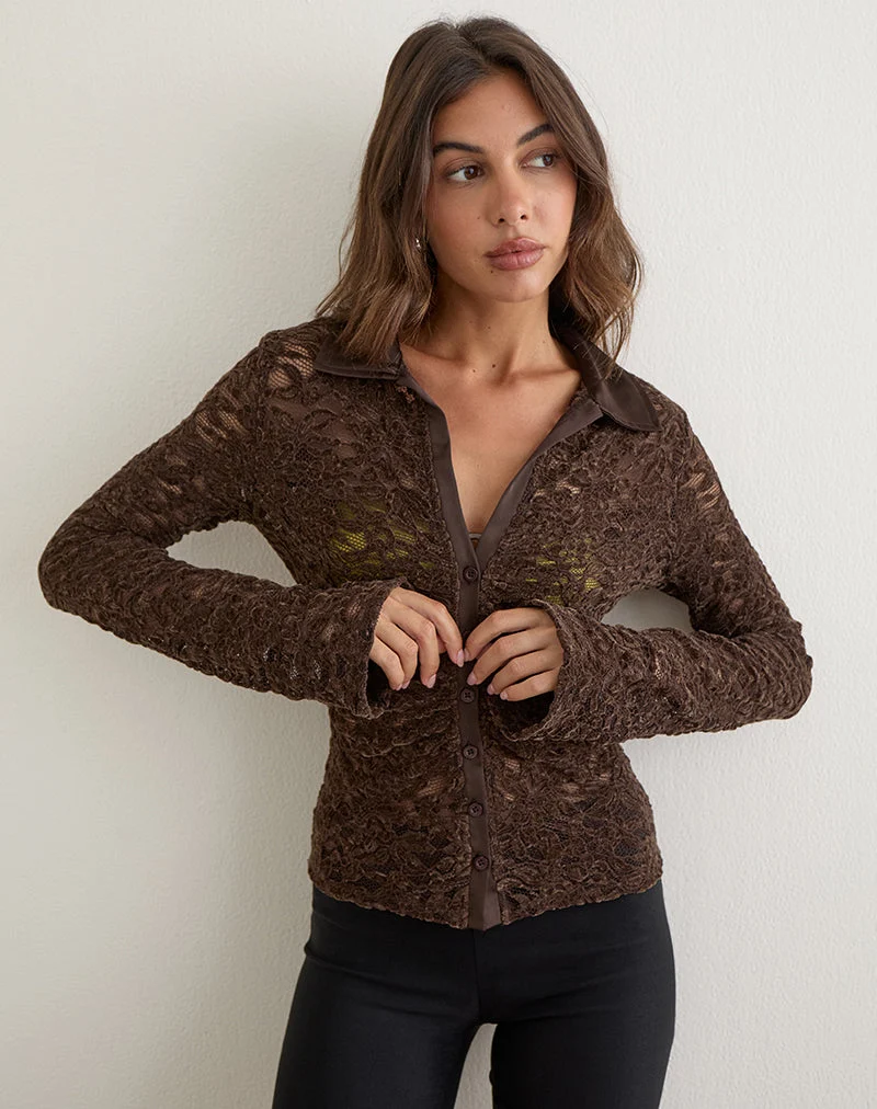 Chemise ajustée Tamy en dentelle marron