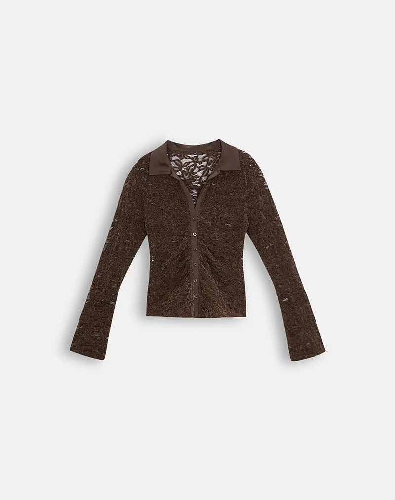 Chemise ajustée Tamy en dentelle marron