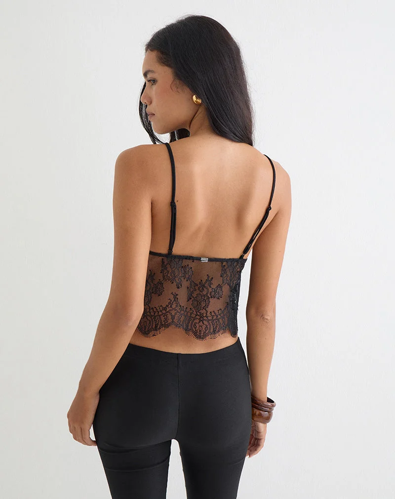 Top cami plongeant Kaika en dentelle Eyelash Black