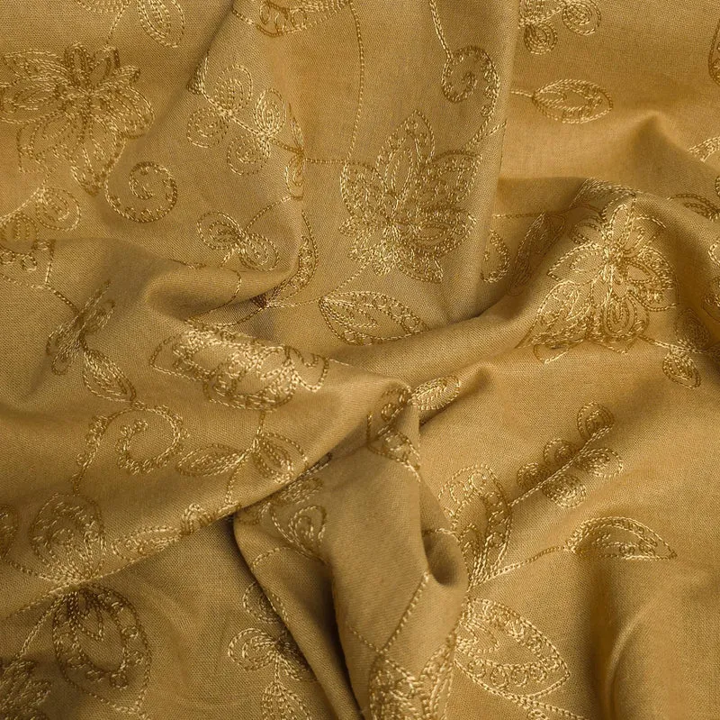 Tissu en Lin 100 % Brodé à Motif Floral | Moutarde Dorée