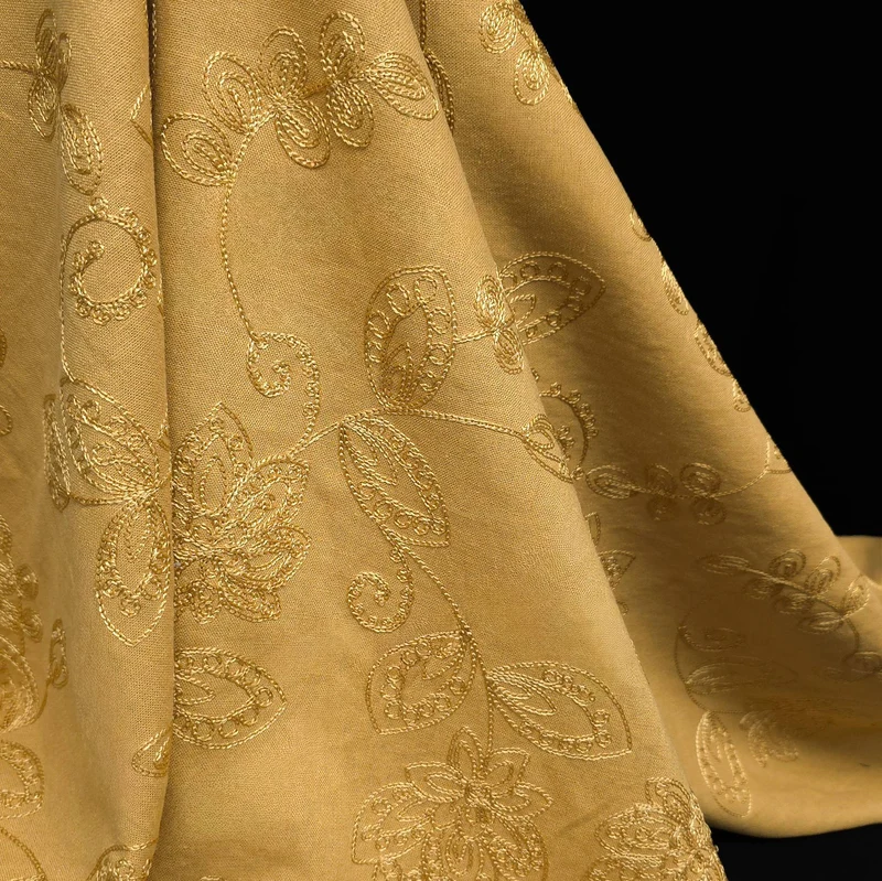Tissu en Lin 100 % Brodé à Motif Floral | Moutarde Dorée