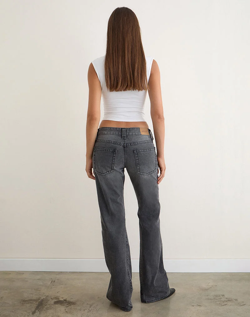 Jean taille basse à coutures torsadées, noir-gris délavé