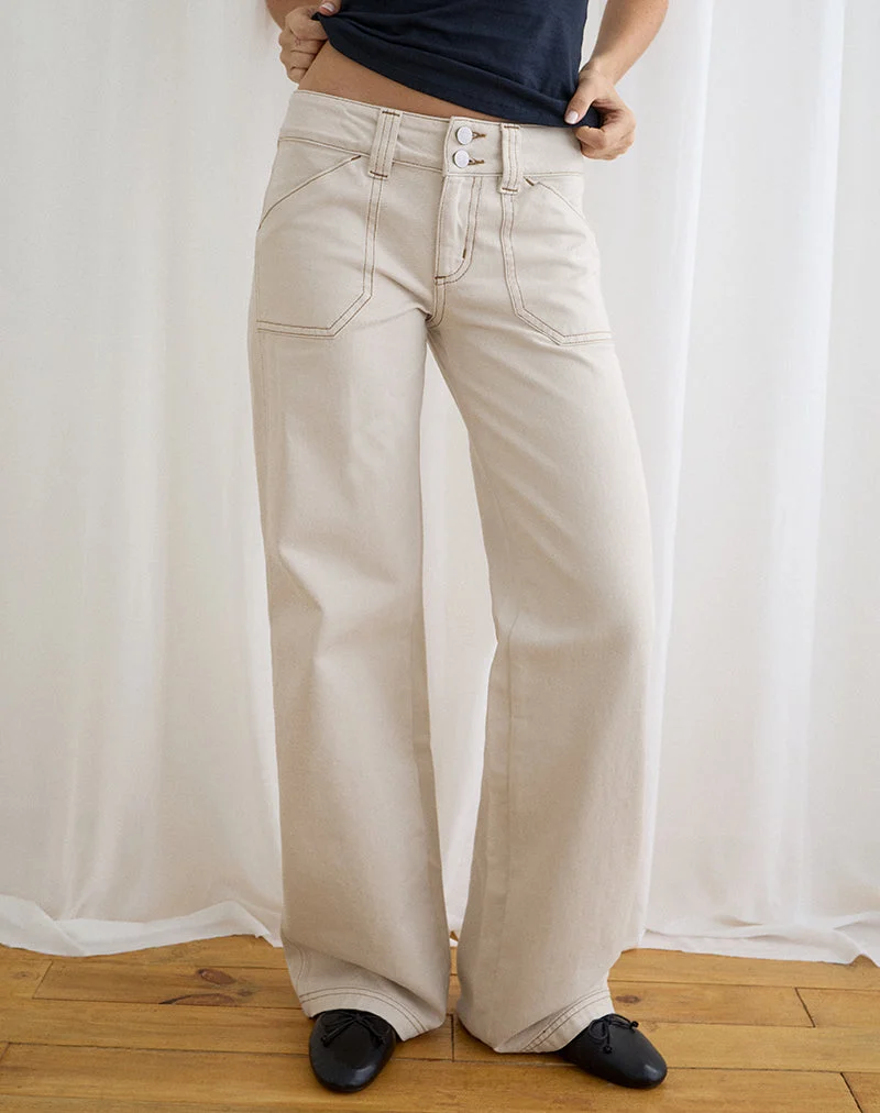 Jean cargo décontracté à taille basse, couleur blanc cassé