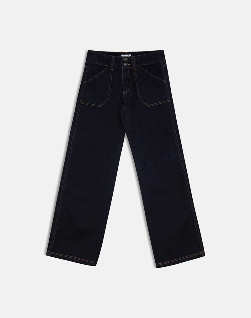 Jean cargo décontracté à taille basse, couleur indigo