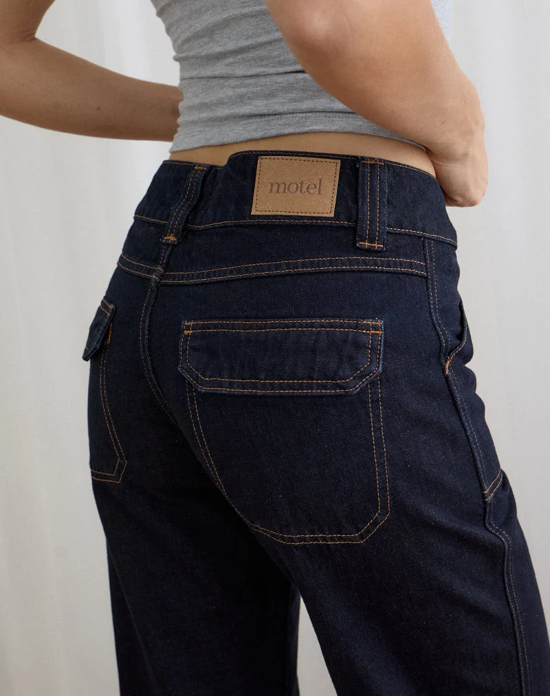 Jean cargo décontracté à taille basse, couleur indigo