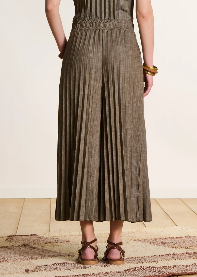 Pantalon plissé en jean kaki taille élastiquée