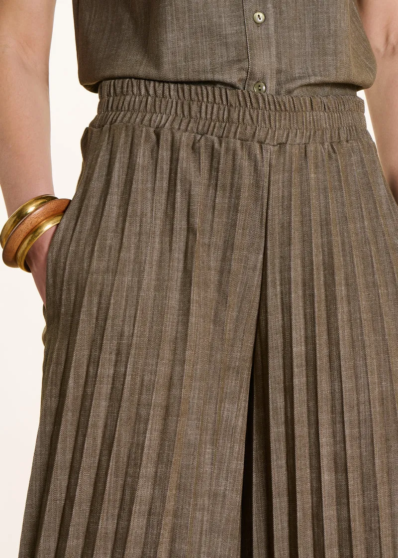 Pantalon plissé en jean kaki taille élastiquée