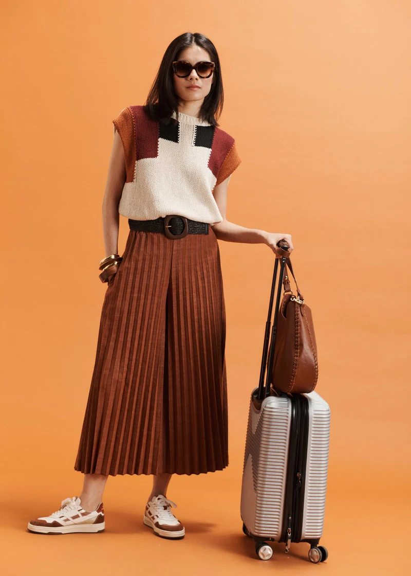 Pantalon plissé en jean terracotta taille élastiquée