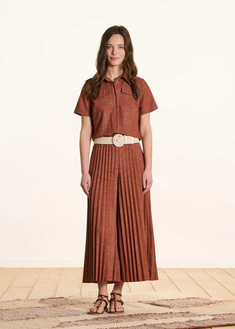 Pantalon plissé en jean terracotta taille élastiquée