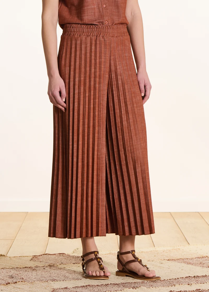 Pantalon plissé en jean terracotta taille élastiquée