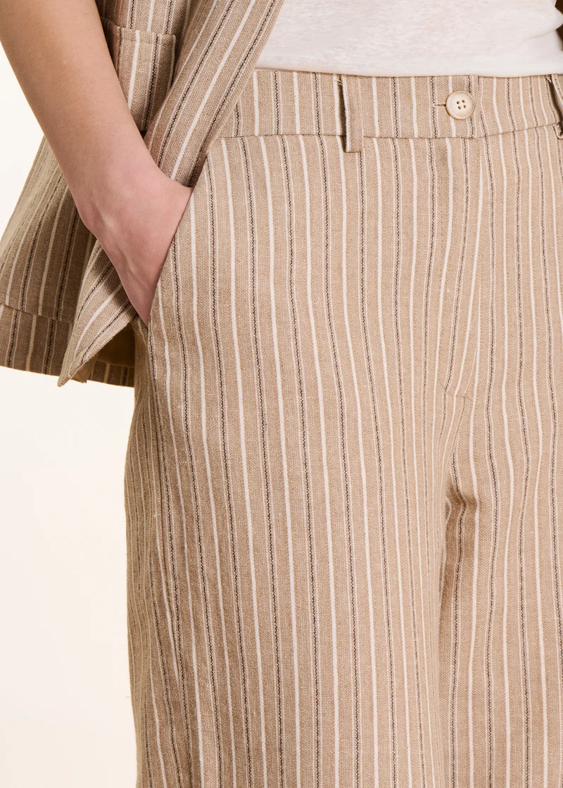 Pantalon droit et large beige rayé taille haute