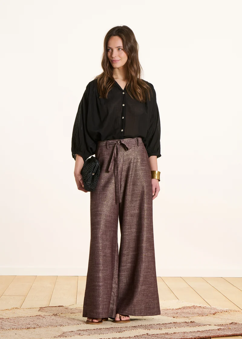Pantalon large marron irisé avec ceinture à nouer