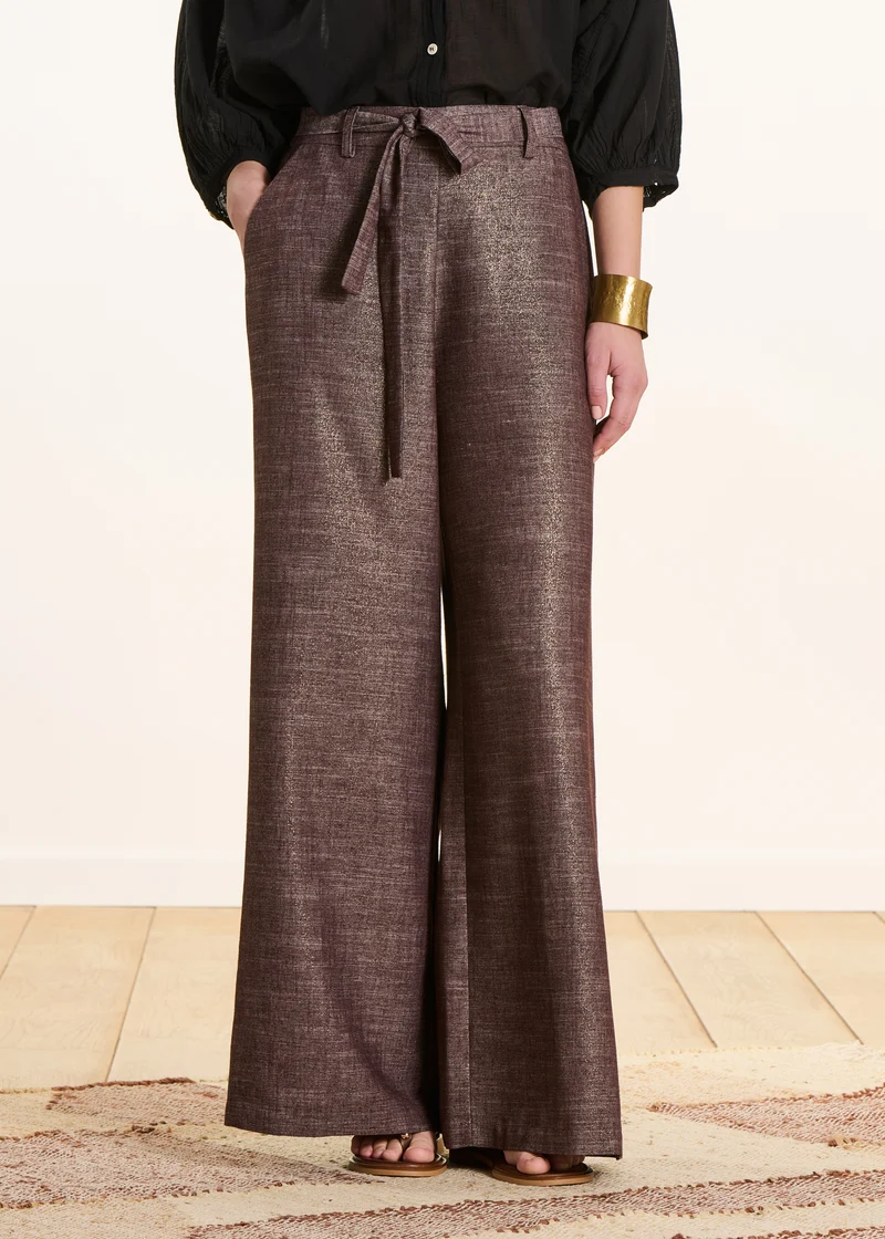 Pantalon large marron irisé avec ceinture à nouer