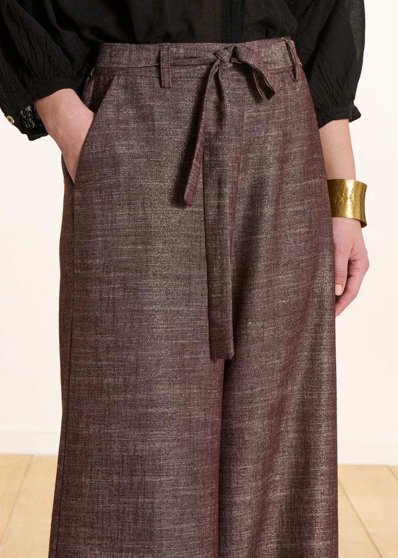 Pantalon large marron irisé avec ceinture à nouer
