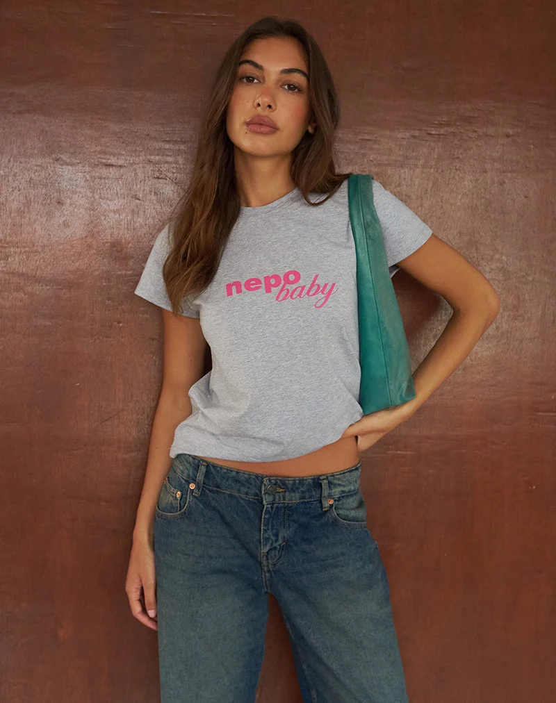 T-shirt ample Clio, gris chiné, avec motif « Nepo Baby »
