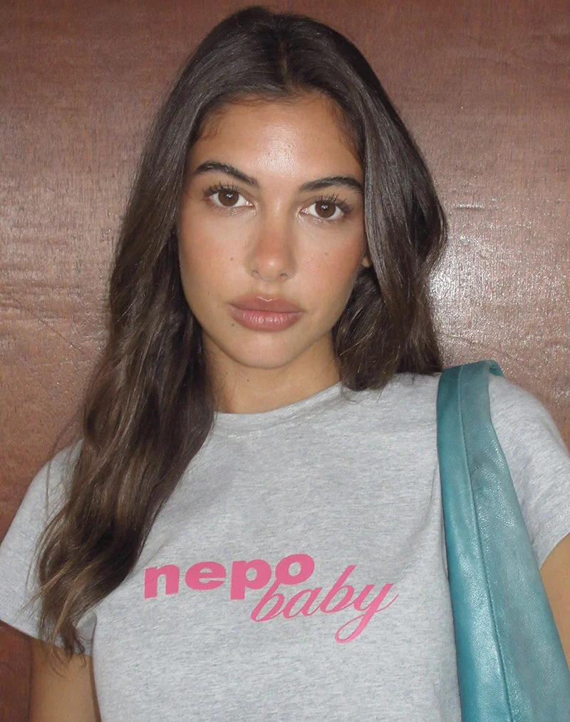 T-shirt ample Clio, gris chiné, avec motif « Nepo Baby »