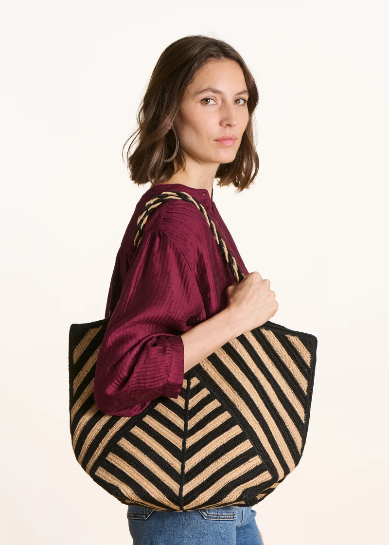 Sac cabas en jute à rayures noires