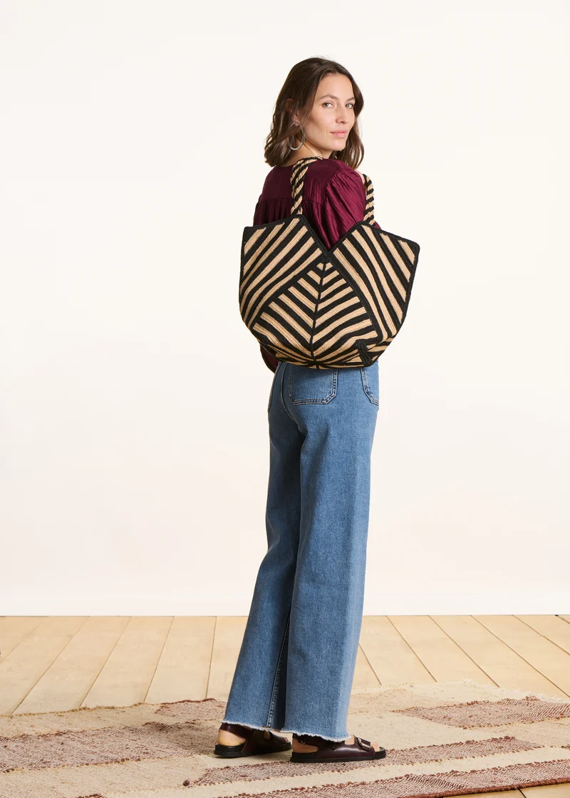 Sac cabas en jute à rayures noires