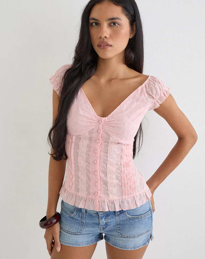 Haut boutonné Shiku, couleur rose broderie