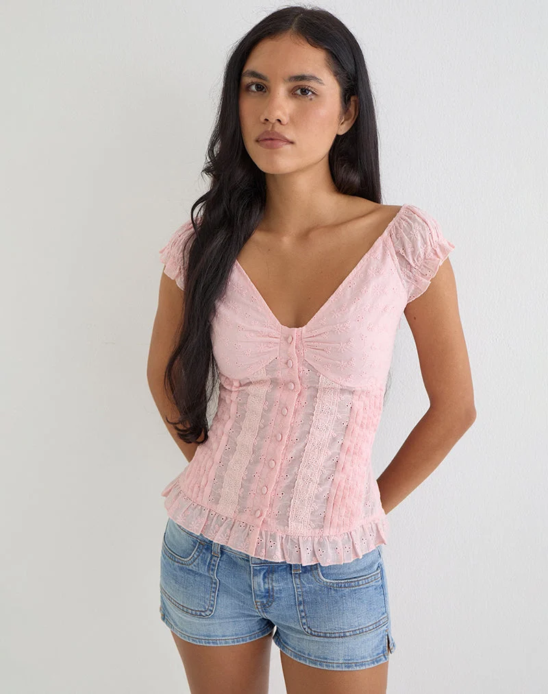Haut boutonné Shiku, couleur rose broderie