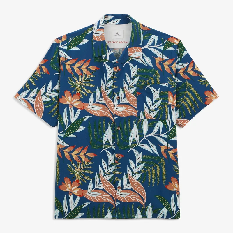 Chemise Caracas imprimé feuilles bleu nation