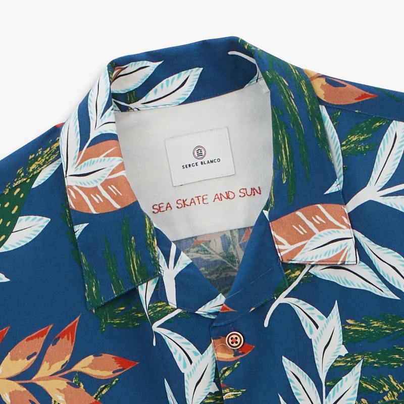 Chemise Caracas imprimé feuilles bleu nation