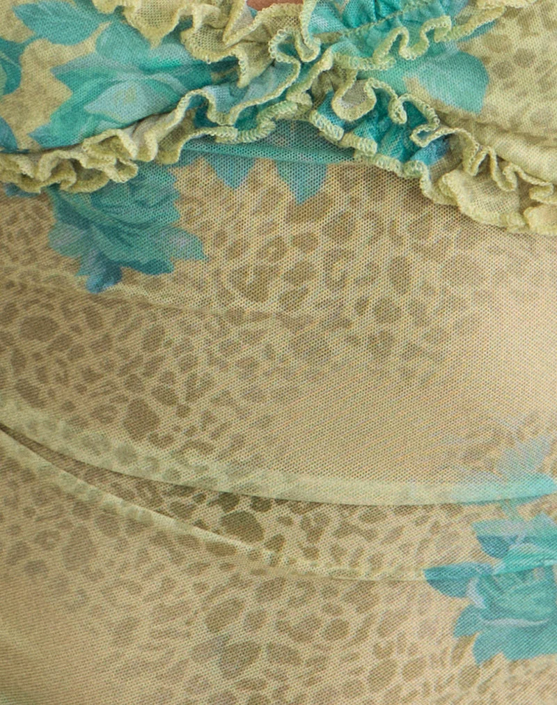 Caraco à volants Ranita, motif « Green Blurred Jungle » avec rose turquoise