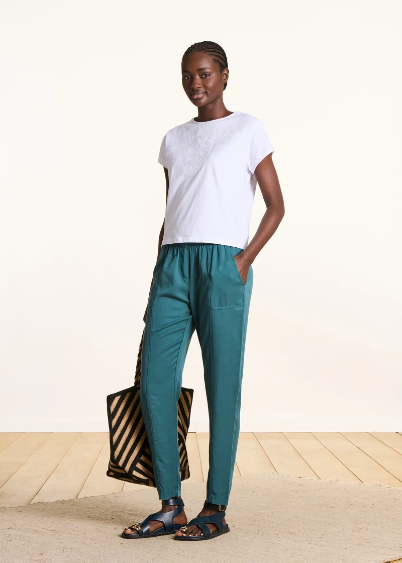 Pantalon fluide bleu pétrole en lyocell taille élastiquée