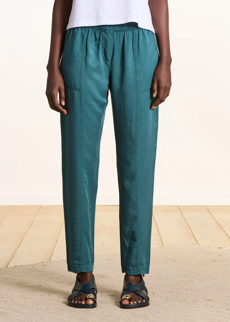 Pantalon fluide bleu pétrole en lyocell taille élastiquée