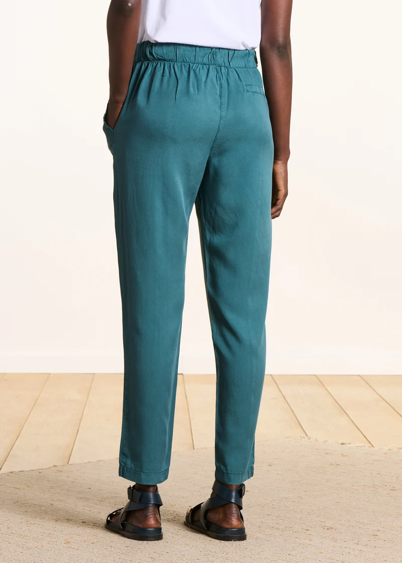 Pantalon fluide bleu pétrole en lyocell taille élastiquée