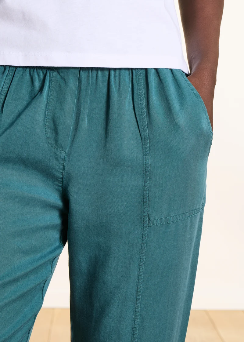 Pantalon fluide bleu pétrole en lyocell taille élastiquée