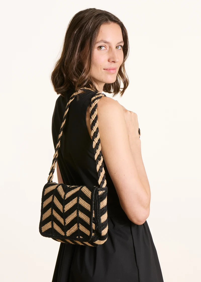Sac besace en jute à motif noir