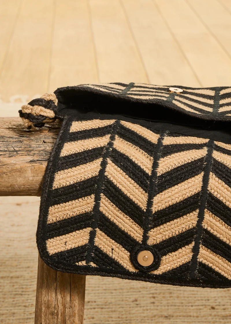Sac besace en jute à motif noir