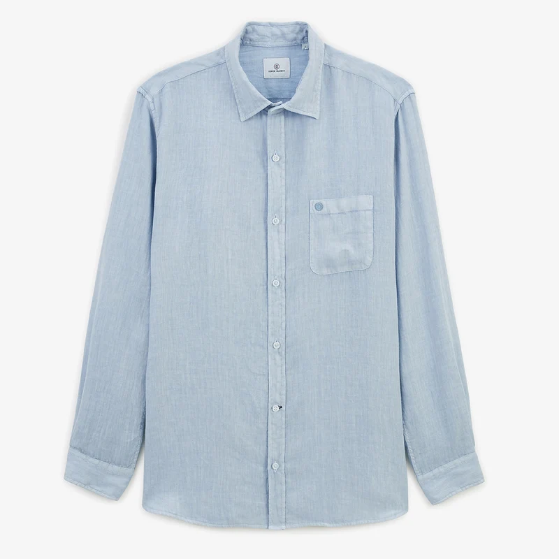 Chemise manches longues unie en lin bleu céleste