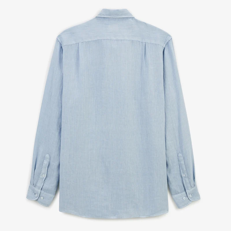 Chemise manches longues unie en lin bleu céleste